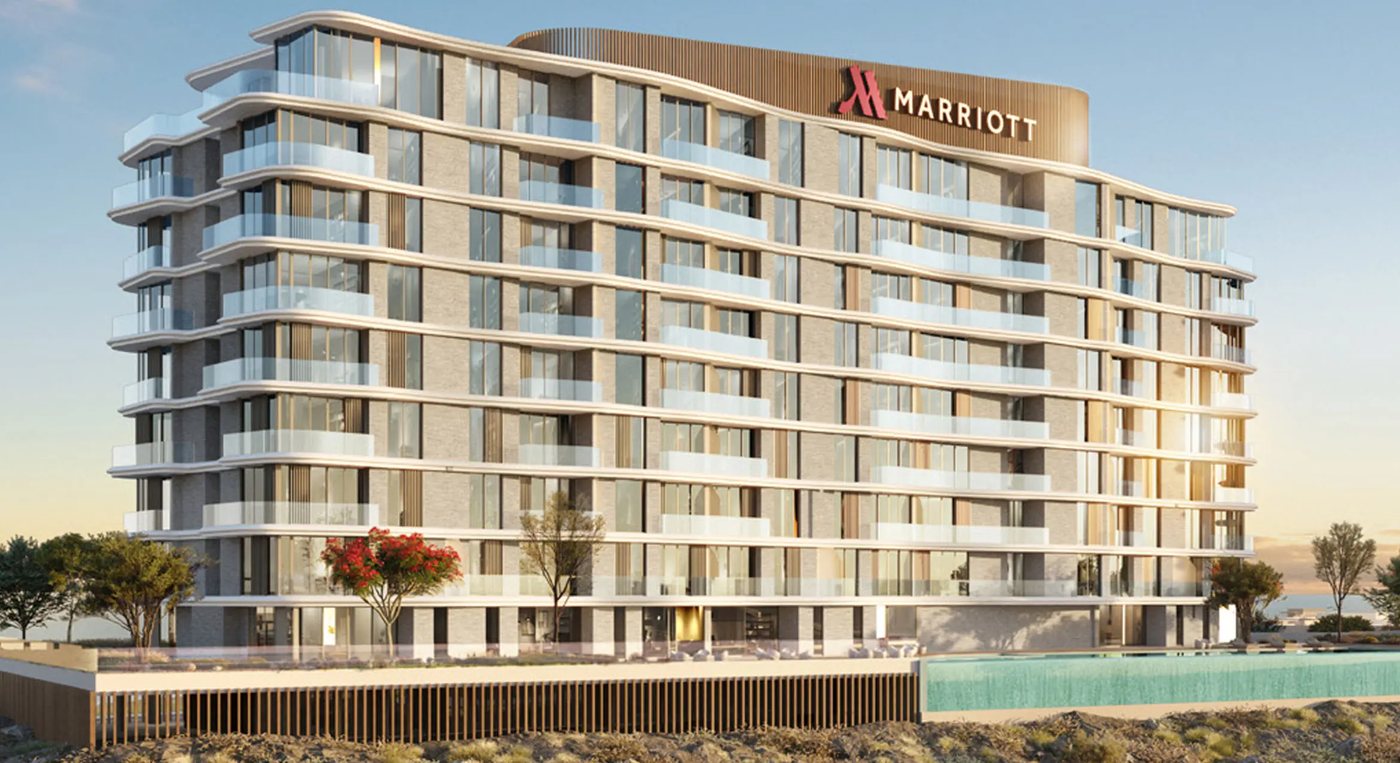 Facade of the Marriott Residences AIDA tower with balconies and the infinity pool